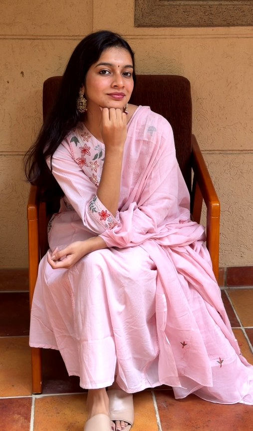 Blush Pink Floral Embroidered Cotton Anarkali Set
