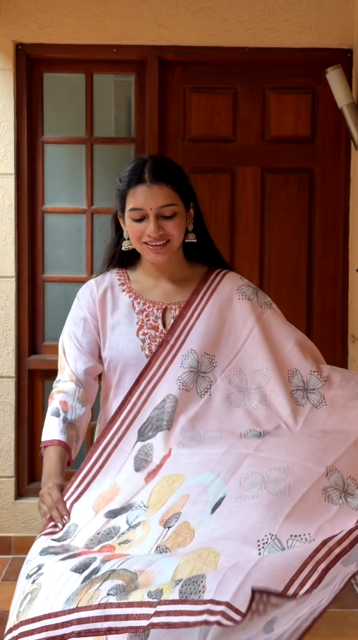Blush Pink Printed Linen 3-Piece Kurta Set
