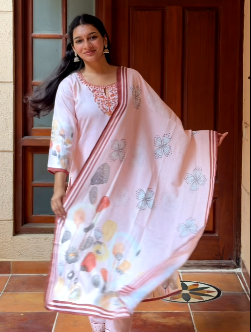 Blush Pink Printed Linen 3-Piece Kurta Set