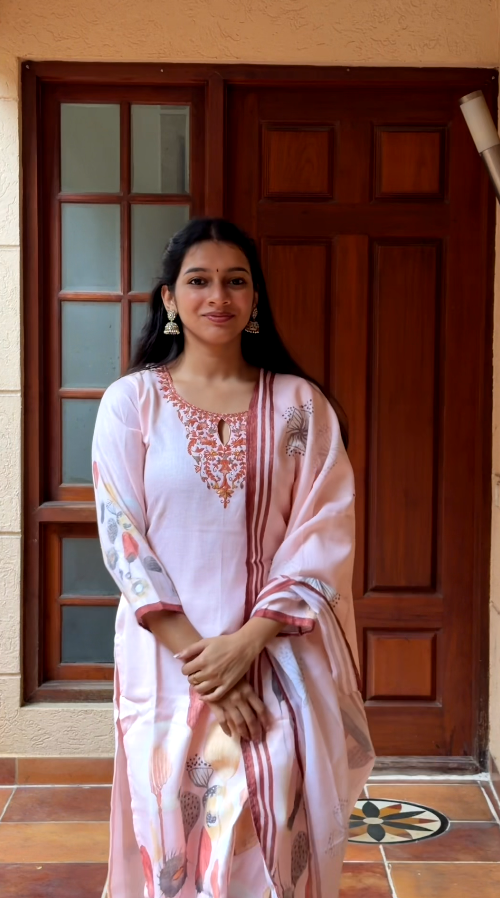 Blush Pink Printed Linen 3-Piece Kurta Set