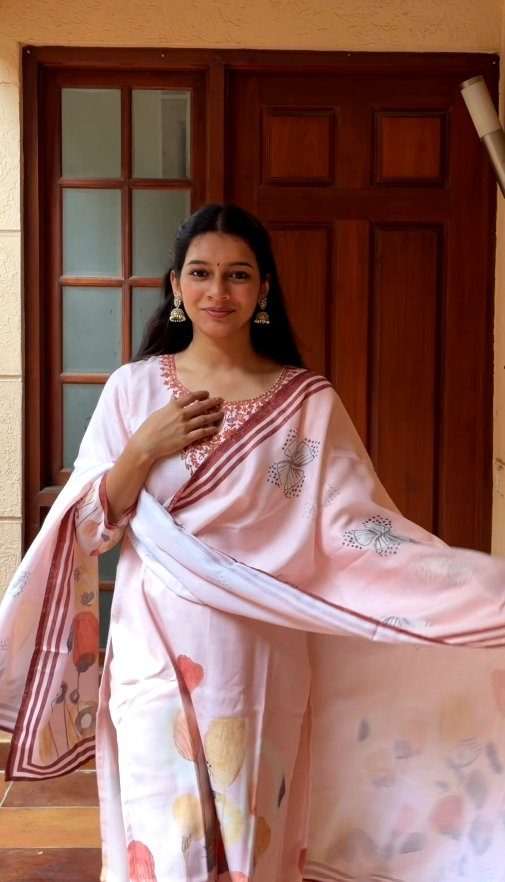 Blush Pink Printed Linen 3-Piece Kurta Set