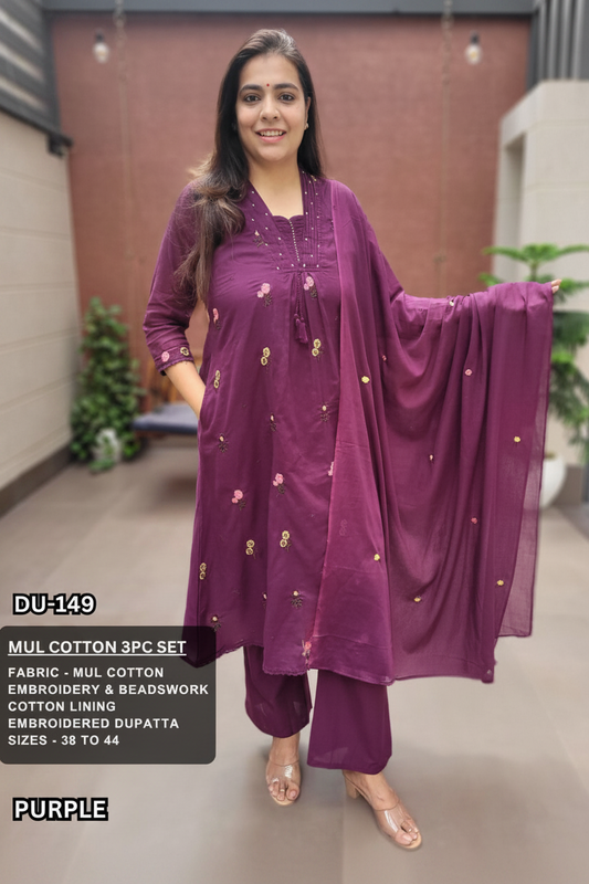 Purple Mul Cotton Embroidered 3-Piece Kurta Set
