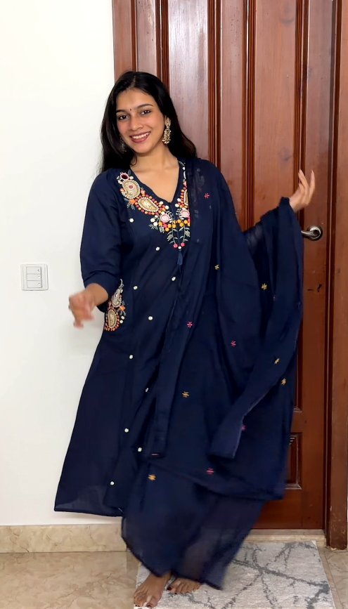 Navy Blue Embroidered Pure Cotton 3-Piece Kurta Set