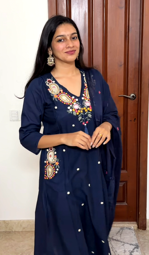Navy Blue Embroidered Pure Cotton 3-Piece Kurta Set