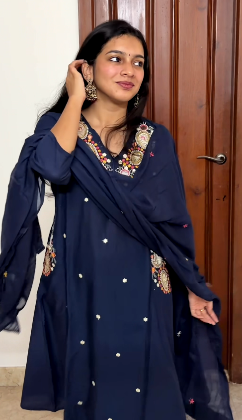 Navy Blue Embroidered Pure Cotton 3-Piece Kurta Set