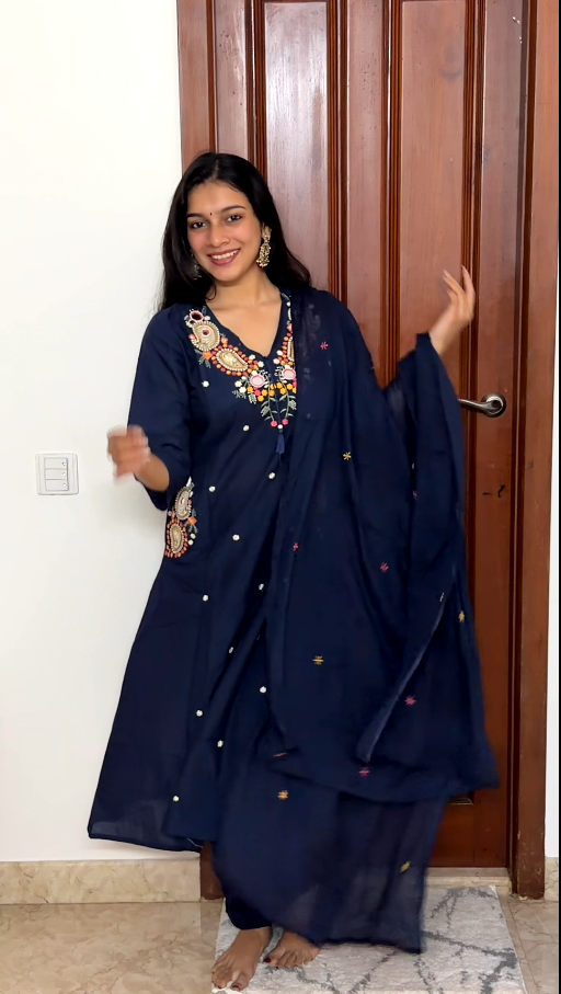 Navy Blue Embroidered Pure Cotton 3-Piece Kurta Set