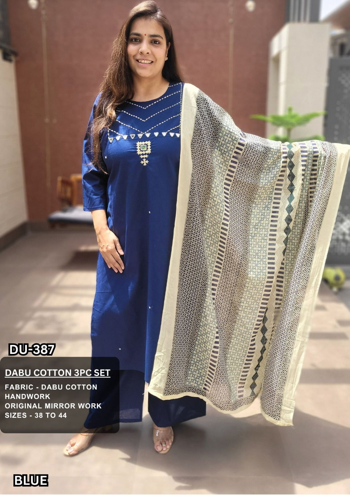 Royal Blue Dabu Cotton Mirror Work 3-Piece Kurta Set