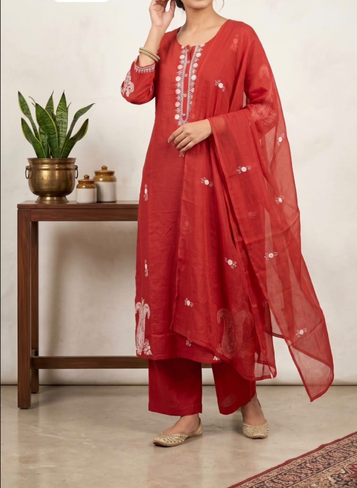 Rust Orange Cotton Flex Embroidered 3-Piece Kurta Set with Dupatta