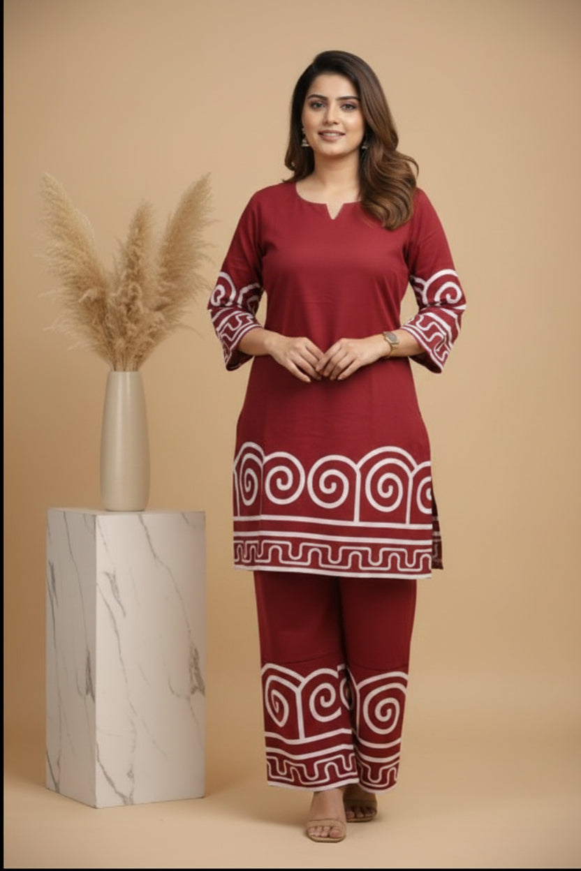 Maroon Handblock print Cotton Coord set