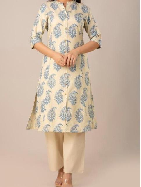 Beige and Blue Cotton Kurti