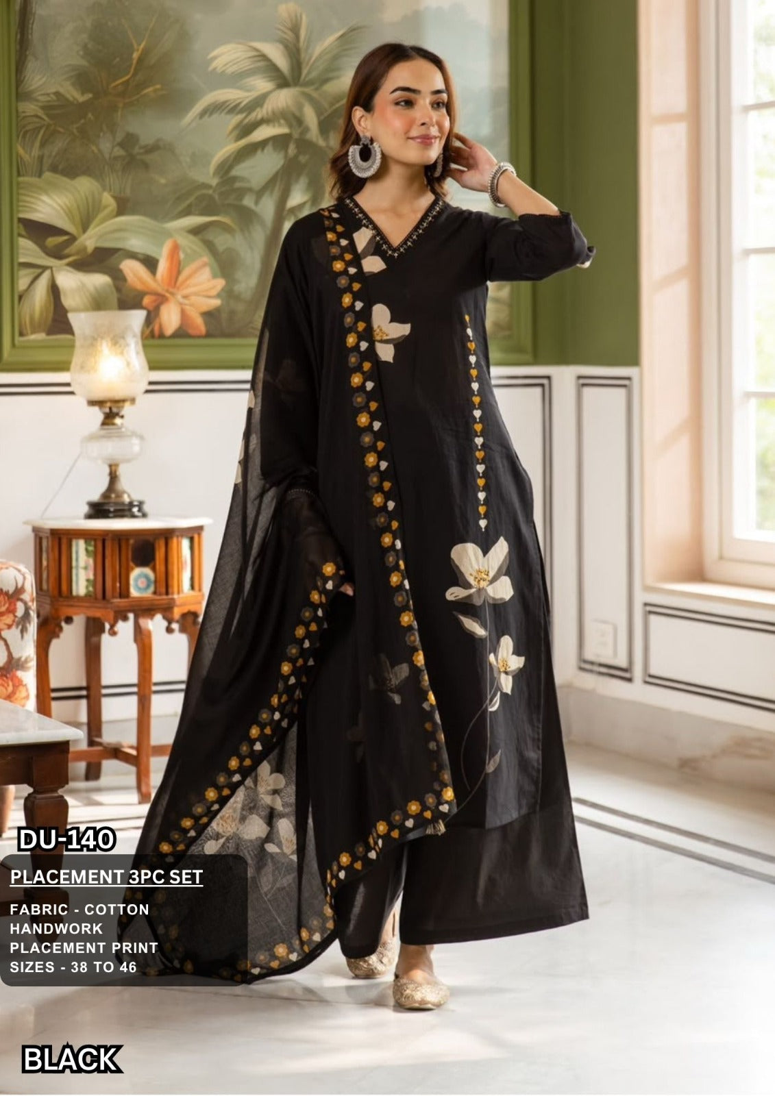 Black Cotton Placement Print Kurta Set with Dupatta