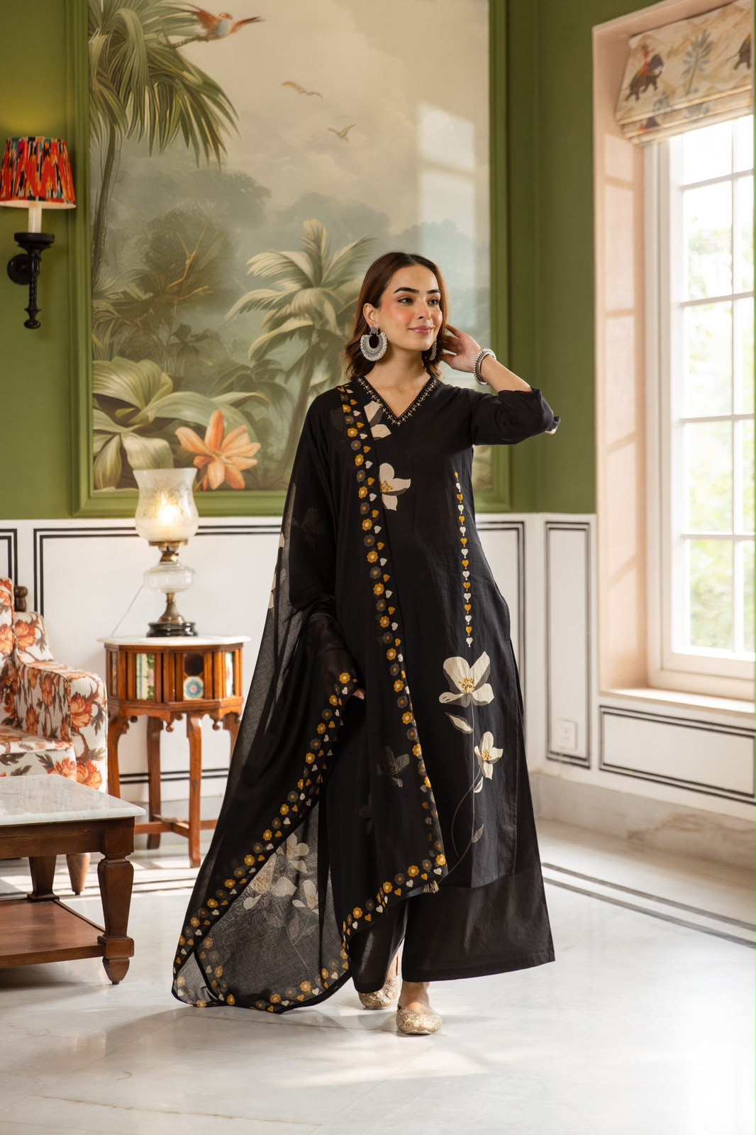 Black Cotton Placement Print Kurta Set with Dupatta