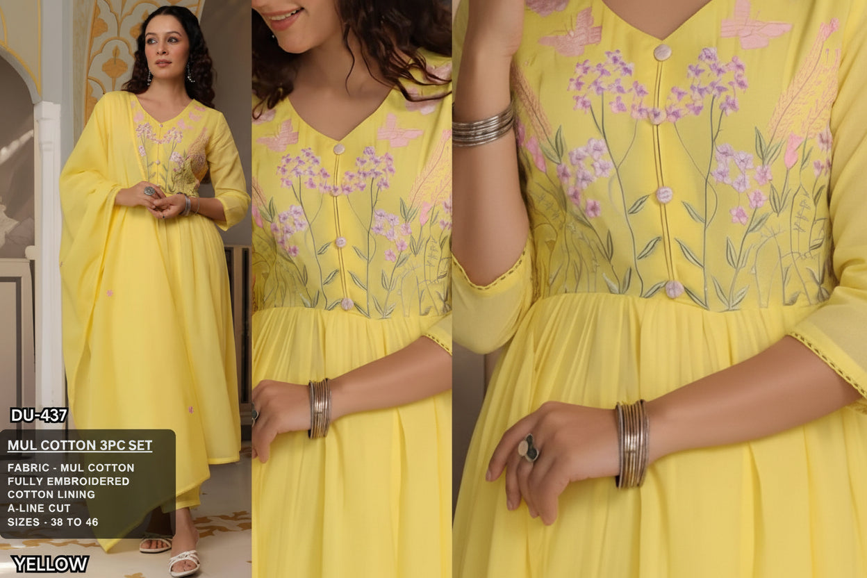 Yellow Mul Cotton Embroidered A-Line Kurta Set with Dupatta
