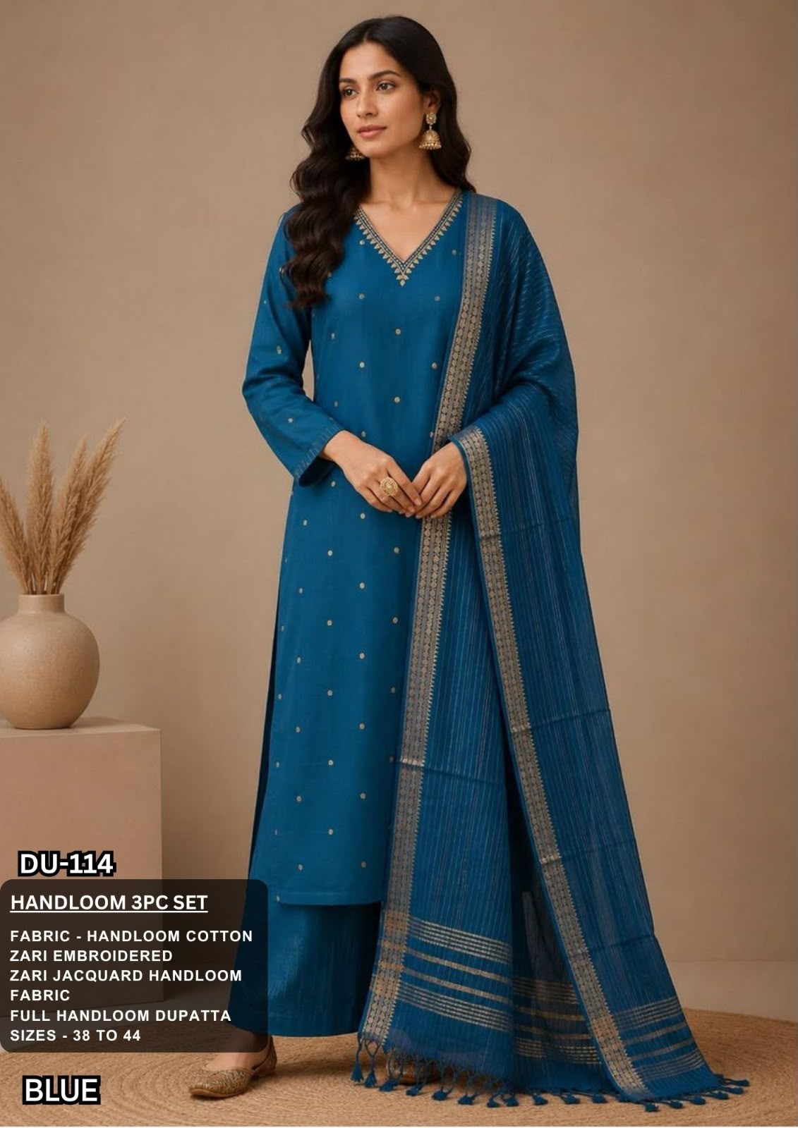 Blue Handloom Cotton Kurta Set with Zari Jacquard Dupatta