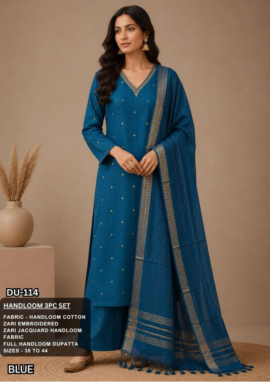 Blue Handloom Cotton Kurta Set with Zari Jacquard Dupatta