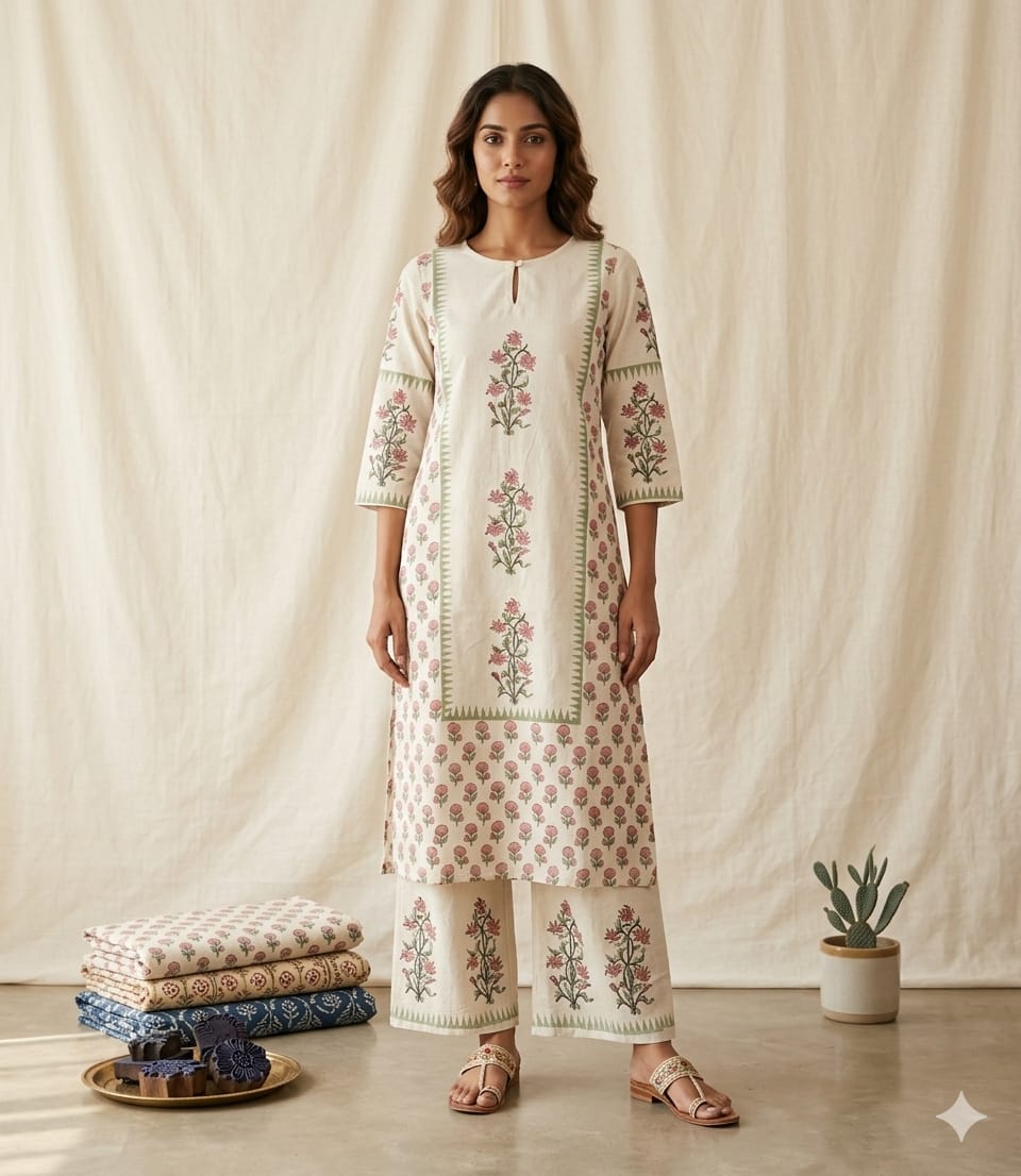 White Khadi Cotton Hand Block Printed Kurta Set with Palazzo
