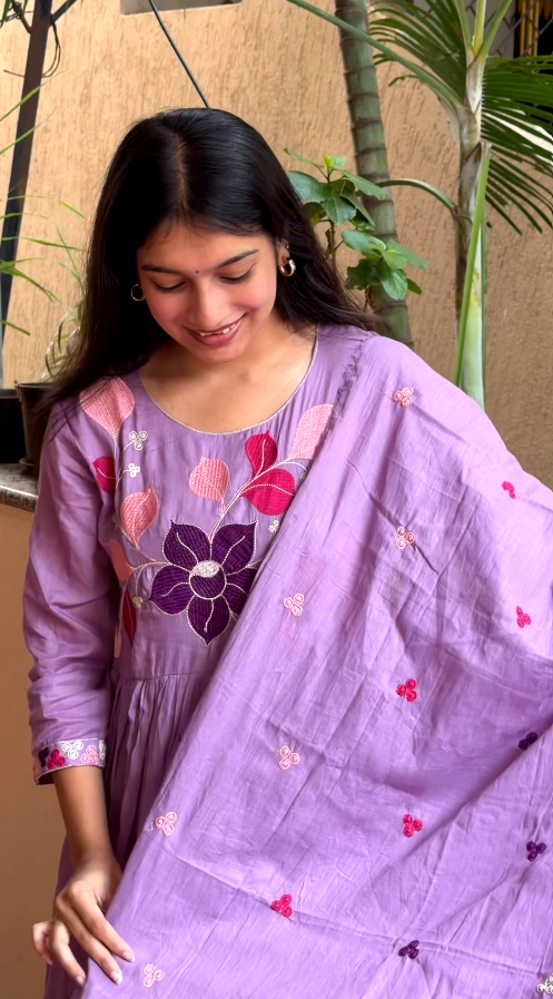Lavender Floral Embroidered Anarkali Kurta Set with Dupatta