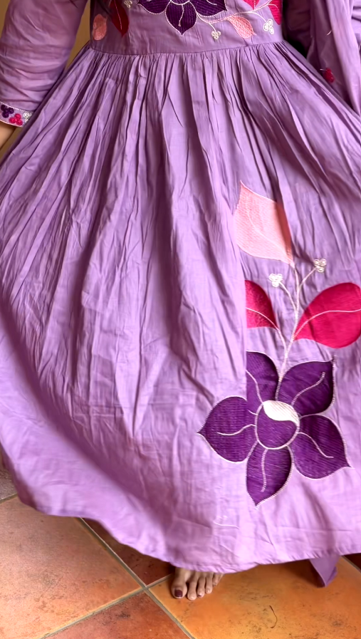 Lavender Floral Embroidered Anarkali Kurta Set with Dupatta