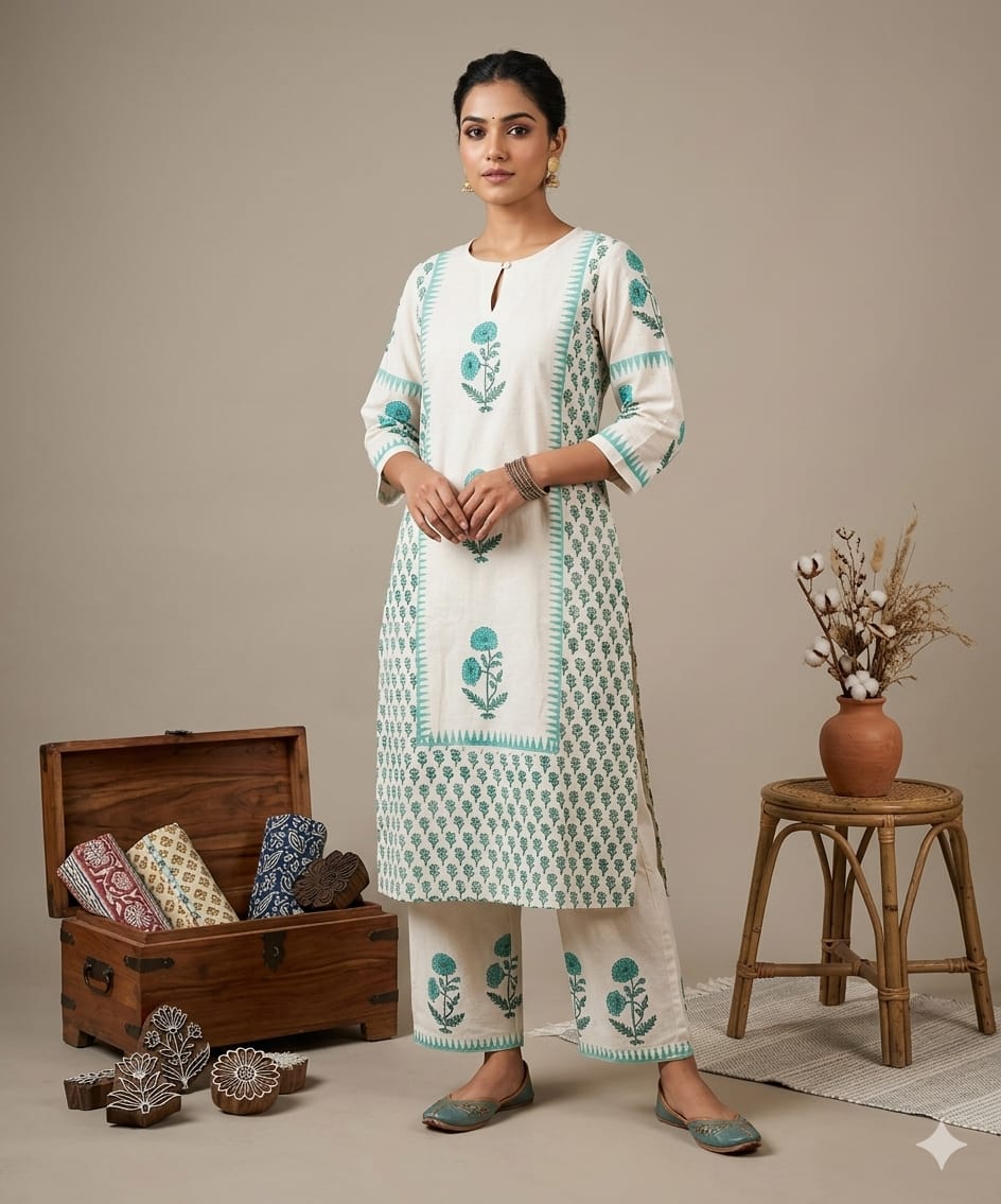 Sea Green Khadi Cotton Hand Block Printed Kurta Set with Palazzo